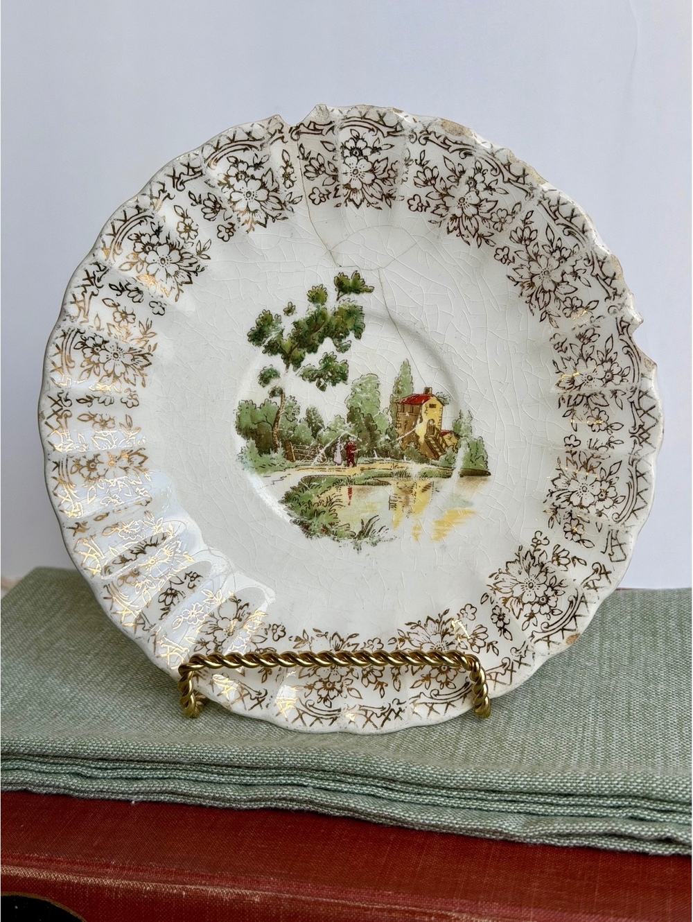Vintage American Limoges Chateau France 22K Gold Scenic Bowl 6” 1K-S518